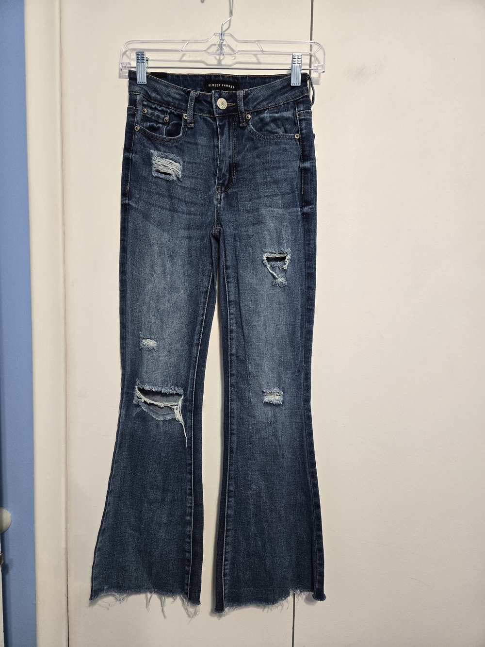 Almost Famous Distressed Flare Jeans Size 0 Dark Wash Raw Hem Y2K Grunge